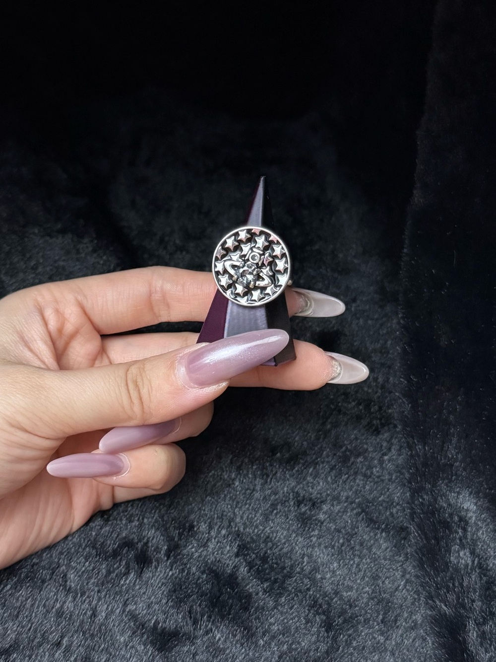 Black Enamel Embossed Round Top Open Adjustable Gothic Statement Ring